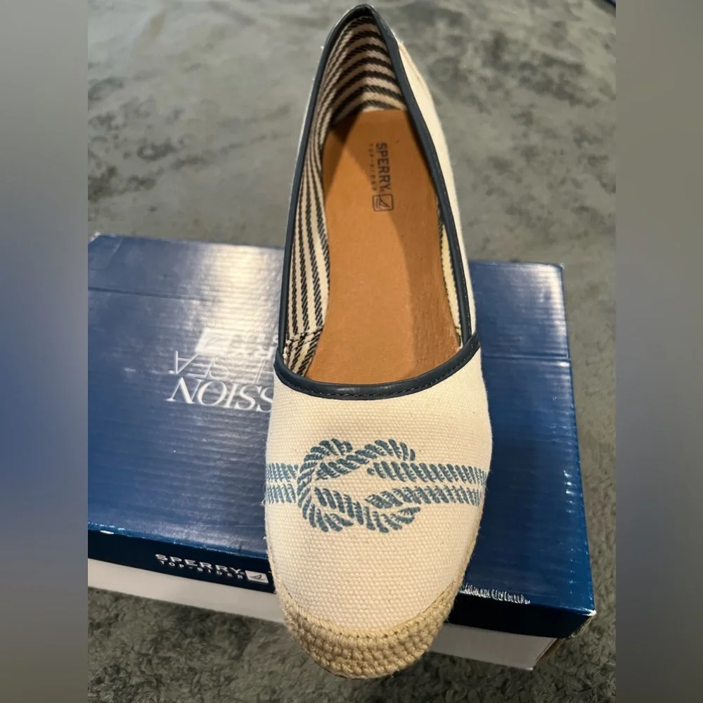 Sperry Cream Canvas Wedge Espadrilles with Navy Rope Detail